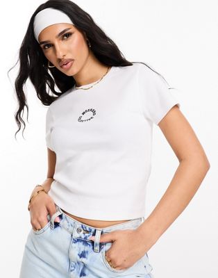 ASOS Weekend Collective ribbed baby tee with circle logo in white ASOS Weekend Collective