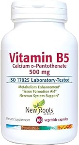 NEW ROOTS HERBAL Vitamin B5-500mg - 100 Capsules (Капсулы) - Vitamin B5 Pantothenic Acid Supplement - Calcium D B5 Vitamins Pantothenic Acid 500mg - B5 Supplement Pantothenic Acid B5 NEW ROOTS HERBAL