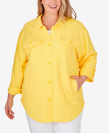 Плюс размер Рубашка с воротником на пуговицах спереди Текстурированный вязаный жакет с карманами Ruby Rd.