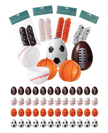 48 упаковок 2,25-дюймовых пасхальных пластиковых спортивных яиц с наполнением, по 12 штук каждого цвета «Баскетбол», «Футбол», «Бейсбол», «Футбол» Glitzhome