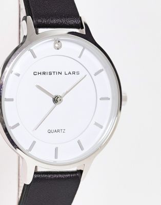 Часы Christian Lars с тонким кожаным ремешком черного цвета и белым циферблатом Christin Lars