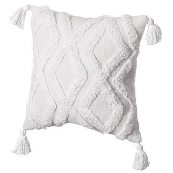 Handwoven Cotton Throw Pillow Cover with Large White Tufted Diamond Pattern and Tassel Corners Deerlux