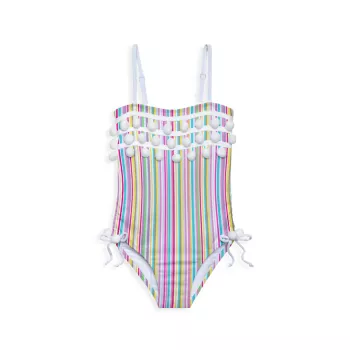 Little Girl's &amp; Girl's Striped Rainbow Pom-Pom Swimsuit Stella Cove