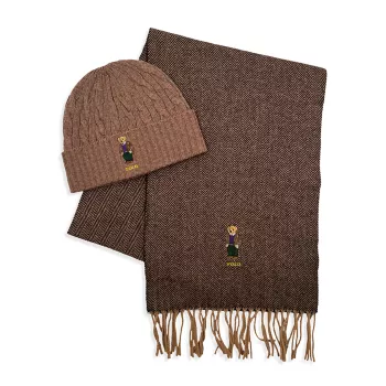 Мужская шапка-бини косой вязки из двух предметов с мишкой и усилителем; Комплект шарфов с узором «елочка» Polo Ralph Lauren