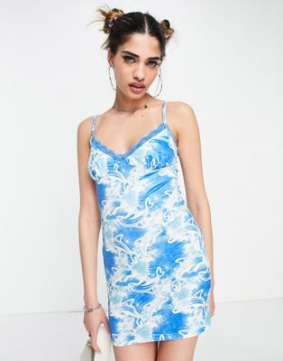 Elsie & Fred 90s cami mini dress with lace detail in retro dolphin print Elsie & Fred