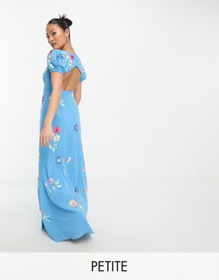 Синее платье макси с пышными рукавами и вышивкой Maya Petite Maya