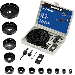 COMOWARE Hole Saw Kit for Wood- 16 Pieces 3/4’’-5’’ Full Set in Case with 1pcs Hex Key, 2pcs Mandrels and 1pcs Install Plate for PVC Board Plastic Plate Drilling Drywall and Soft Wood COMOWARE