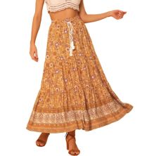 Women's Boho Floral Skirt for Women's Tassels Elastic Waist Flowy Maxi Skirts ALLEGRA K