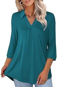 U.Vomade Women's 3/4 Sleeve Plus Size Tops Collared V Neck Casual Comfy Work Blouses L-4X U.Vomade