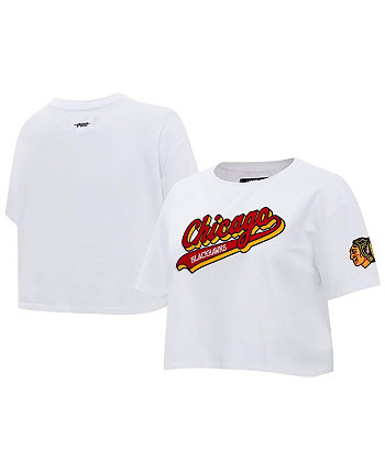 Women's White Chicago Blackhawks Boxy Script Tail Cropped T-shirt Pro Standard