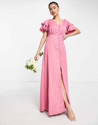 Темно-розовое атласное платье макси с развевающимися рукавами Little Mistress Bridesmaid LITTLE MISTRESS
