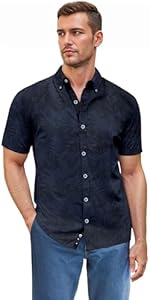 ETHANOL Mens Slim Fit Short Sleeve Button Down Polo Tech Stretch Printed Shirt ETHANOL