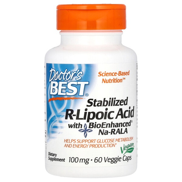 Стабилизированная R-липоевая кислота с BioEnhanced Na-RALA - 100 мг - 60 вегетарианских капсул - Doctor's Best Doctor's Best