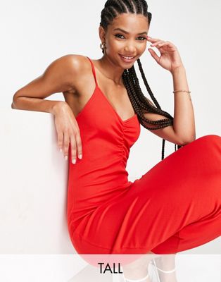Pieces Tall exclusive ruched front strappy midi dress in red Pieces Tall