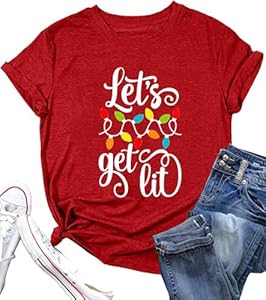 Christmas Shirts for Women Let's Get Lit Shirt Cute Lights Graphic Short Sleeve Xmas Tops Tees INEOYIYA