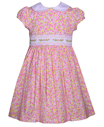 Little Girls Short Sleeved Smocked Floral Empire Dress Bonnie Jean