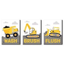 Big Dot of Happiness Dig It - Construction Party Zone - Kids Bathroom Rules Wall Art - 7.5 x 10 inches - Set of 3 Signs - Wash, Brush, Flush Big Dot of Happiness