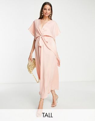 Flounce London Tall kimono sleeve midi dress in light pink satin Flounce London Tall