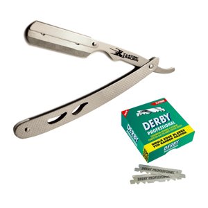 Classic Samurai CS102-MP Stainless Steel Professional Folding Straight Shaving Razor, Shavette with 100 Derby Blades Classic Samurai