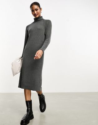 Y.A.S ribbed turtle neck sweater midi dress in gray Y.A.S