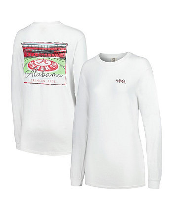 Женская белая футболка Alabama Crimson Tide с нарисованным вручную стадионом комфортных цветов, объемная футболка с длинным рукавом Summit Sportswear