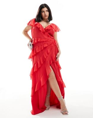 Эксклюзивное красное платье макси с развевающимися рукавами и рюшами ASOS DESIGN Curve ASOS Curve