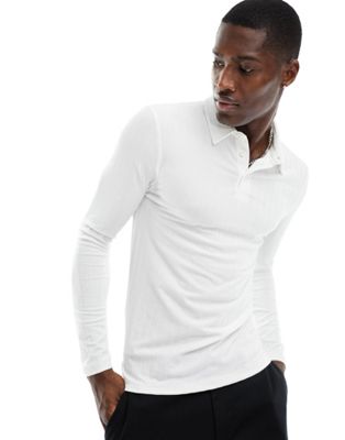 Белая рубашка-поло в рубчик с длинными рукавами ASOS DESIGN ASOS DESIGN