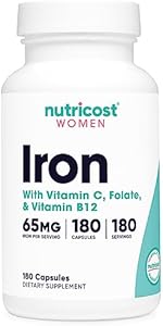 Nutricost Iron for Women 65mg, 180 Capsules, with Vitamin C, Folate, & Vitamin B12 - Vegetarian Friendly, Non-GMO, Gluten Free Nutricost