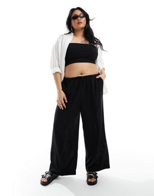 ASOS DESIGN Curve wide leg pull on pants with linen in black ASOS Curve