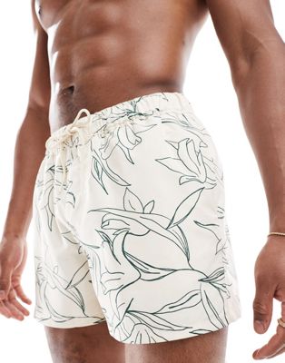 ASOS DESIGN swim shorts in short length with floral print in beige ASOS DESIGN