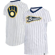 Молодежная футболка New Era White Milwaukee Brewers в тонкую полоску с v-образным вырезом для девочек New Era