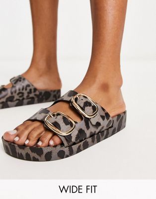 London Rebel wide fit double buckle footbed sandals in leopard London Rebel Wide Fit