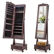 Rolling Floor Standing Mirrored Jewelry Armoire With Lock And Drawers Hivvago
