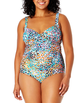 Plus Size Abstract-Print Draped-Front One-Piece Swimsuit Anne Cole