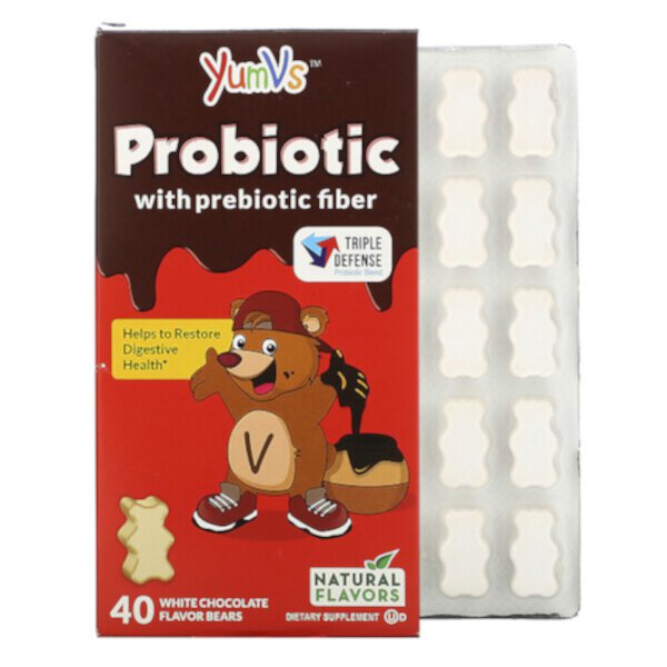Пробиотик с пребиотической клетчаткой, белый шоколад, 40 мишек YumV's