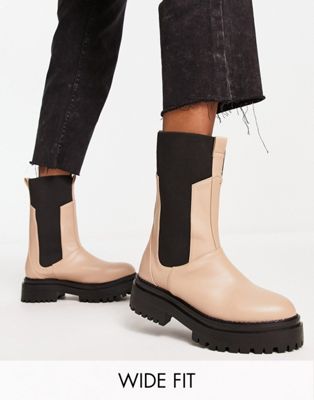 RAID Wide Fit Lizzo flat boots with contrast knit panel in beige  Raid Wide Fit
