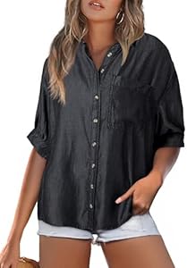 Astylish Women Denim Shirt Loose Short Sleeve V Neck Button Down Chambray Blouse Top with Pocket Astylish