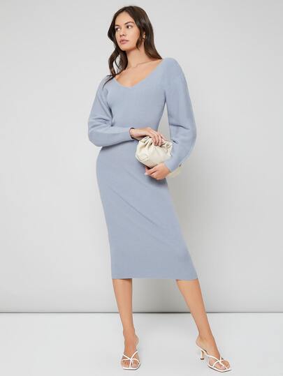 SHEIN Платье-свитер с v-образным вырезом с рукавами-фонариками SHEIN