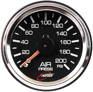 52mm 2-1/16" Mechanical Air Bag Suspension Pressure Gauge Air Suspension Gauge 0~200 PSI 1/8NPT Black Dial Chrome Rim for Air Ride Suspension Systems Racetech