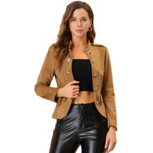 Women's Faux Suede Open Front Long Sleeve Button Decor Steampunk Jacket ALLEGRA K