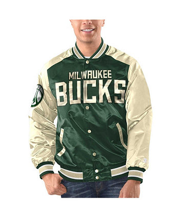 Мужская атласная университетская куртка с длинными кнопками Hunter Green, кремовая Milwaukee Bucks Renegade Starter