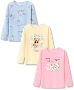 Girls Long Sleeve T-Shirt 3 Packs- Soft Tops Star Dog/Heart Shaped Balloons/Bunny Graphic Tee Size 6-14 Serdomi