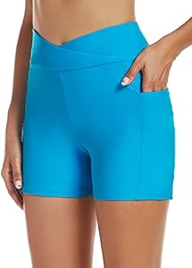 Tournesol Women's 4" Swim Shorts High Waisted Swimsuit Bottoms Cross Waist Bathing Suit Swimwear Boy Shorts with Pocket Tournesol