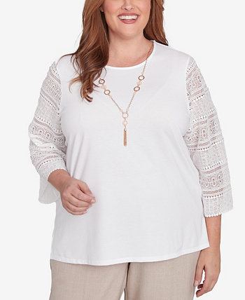 Plus Size Kensington Gardens Solid Lace Sleeve Knit Top with Necklace Alfred Dunner