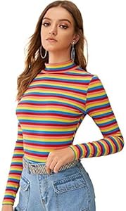 Floerns Women's Mock Turtleneck Long Sleeve Slim Fit Stretch Striped T-Shirts Tunic Tops Fall Fashion Trendy Outfits Clothes Floerns