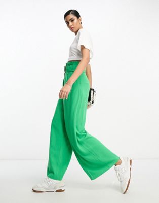 Зеленые льняные брюки широкого кроя с поясом ASOS DESIGN paperbag ASOS DESIGN