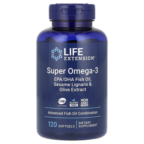 Super Omega-3, EPA/DHA Рыбий жир, Лигнаны кунжута и экстракт оливы - 120 капсул - Life Extension Life Extension
