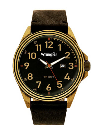 Мужские часы, корпус из античной латуни 48 мм, черный циферблат с бронзовыми арабскими цифрами, коричневый ремешок, аналоговые часы, красная секундная стрелка, функция даты Wrangler