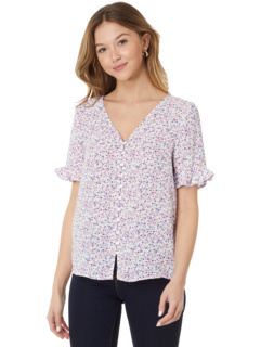 Блуза на пуговицах с цветочным принтом и оборками на рукавах CeCe