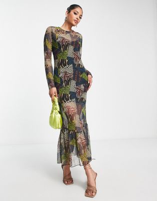 Never Fully Dressed mesh midaxi dress in contrast animal print NEVER FULLY DRESSED